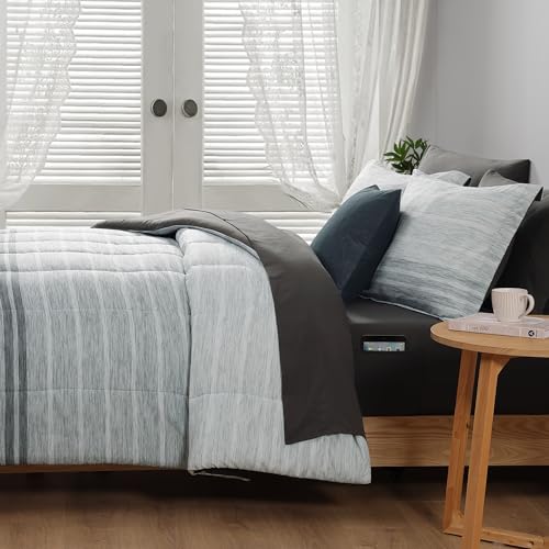 Monbix Full Size Comforter Set - 7 Pieces Bed in a Bag Full, Grey-Stripe Bedding Sets, All Seasons Comforter Bed Set with Sheets, Pillowcases & Shams Monbix