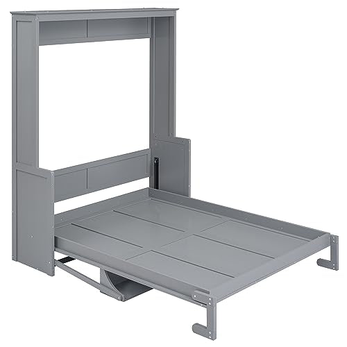 FAVSH Queen Size Murphy Bed with Shelf, Modern Solid Pine Wood Wall Bed, Space-Saving Hidden Bed,Fold-The-Way Bed for Bedroom,No Box Spring Needed,Grey FAVSH