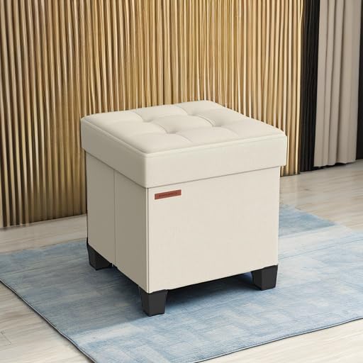 SONGMICS Storage Ottoman, Small Ottoman Foot Rest with Legs, 15 x 15 x 15.7 Inches Foot Stool, Ottoman with Storage, Load up to 660 lb, for Living Room, Bedroom, Dorm, Cream White ULSF014W01 SONGMICS