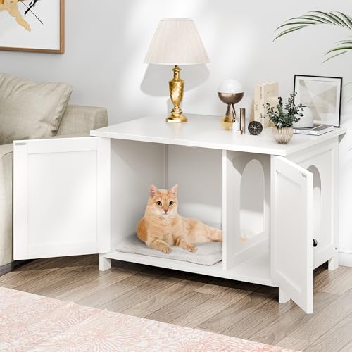 Shintenchi Cat Littler Box Enclosure, Litter Box Furniture Hidden with Removable Divider, Cat House with End Table, Brown Shintenchi