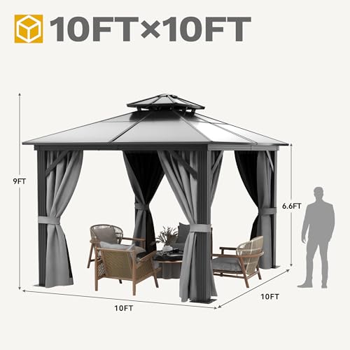 DWVO 10x10ft Gazebo Hardtop Double Roof Polycarbonate Canopy Outdoor with Netting and Shaded Curtains, Aluminum Frame Garden Tent for Patio, Backyard, Deck and Lawns, Gray DWVO
