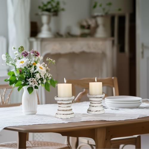 Candle Holder for Pillar Candle Set of 2, Farmhouse Wood Candle Holder, Rustic Wooden Candle Stand, Vintage Small Wooden Candlestick Holders for Living Room, Table Centerpiece, Rustic White CEDARLUX