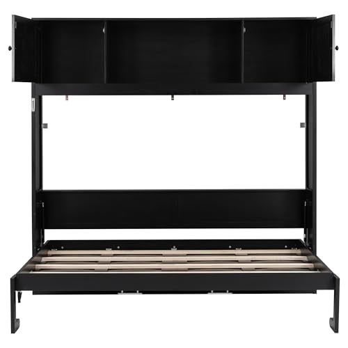 TCMILA Queen Size Horizontal Murphy Wall Bed with Storage Cabinet Built-in Door, Foldable Hidden Platform Bed, No Box Spring Needed, Space Saving, Black TCMILA