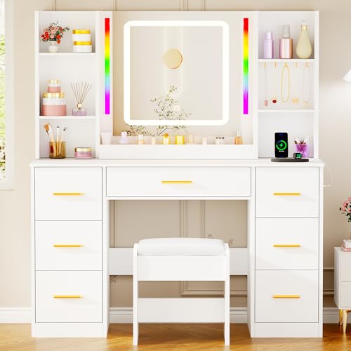 ANWBROAD Makeup Vanity Desk with Mirror and Lights 3 Colors Large Vanity Table with 7 Drawers & RGB Lights White Makeup Table with Charging Station 6 Storage Shelves Stool for Bedroom Women UBDT96W ANWBROAD