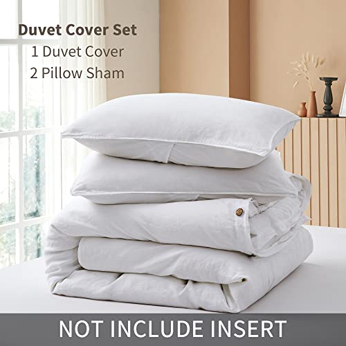 ATLINIA 100% Flax Linen Duvet Cover Set - Stone Washed Pure French Linen Organic Fabric for Farmhouse Comforter Boho Bedding Included 1 Duvet Cover 2 Pillow Shams(White, King) ATLINIA