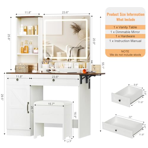 NUNU LAB Farmhouse Makeup Vanity Desk with Mirror and Lights, Large Makeup Vanity Table with Power Outlet, Drawers and Cabinet, Vanity Set Dressing Table with Storage Bench for Women Girls, Brown NUNU LAB