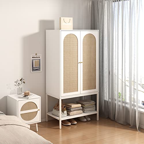 QEIUZON Wardrobe Closet, Rattan Freestanding Wardrobe Cabinet with Storage Cubes & Hanging Rod, Bedroom Armoire, 2-Doors-White QEIUZON