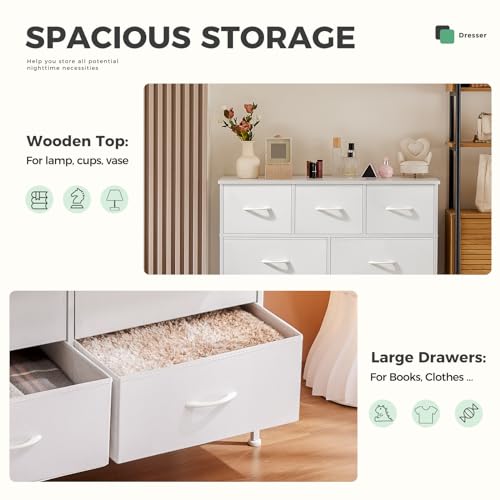 Dresser for Bedroom with 7 Drawers, Anti-Tip Wide Fabric Chests Storage Organizer Tower Furniture, TV Stand for TV up to 45 inch with Wooden Top Metal Frame for Clothes, Living Room, Hallway, Entryway Atilioo