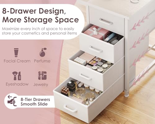 ODK 48 Inch Vanity Desk with 8 Fabric Drawers, Modern Makeup Desk for Bedroom & Dressing Room with Large Storage, Ideal for Home Office, Study, Pure White ODK