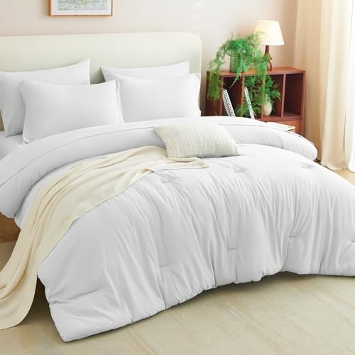 CozyLux King Comforter Set White, 7 Pieces Bed in a Bag Soft Bedding Comforter Set with Sheets, All Season Boho 7PC Bed Sets with Comforter, Fitted Sheets, Flat Sheets, Pillow Shams and Pillowcases CozyLux