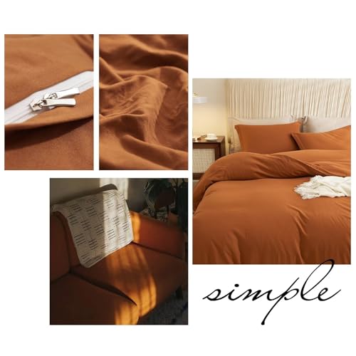 AZMTOP Washed Duvet Cover 3 Pcs(1 Duvet Cover with 2 Pillowcases) Full Size,All Season Use Soft Breathable Comforter Covers Simple Solid Style,Kid Adult Bedding Set Terrocotta 80"X90" AMZTOP