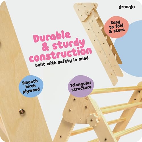 GROWGO Pikler Triangle Climber with Ramp - Toddler Climbing Toys Indoor Montessori Climbing Toy Set Pickle Triangle Montessori, Baby Climbing Toys Indoor, Pickler Set Wooden Play Gym, Kids Climbers GROWGO