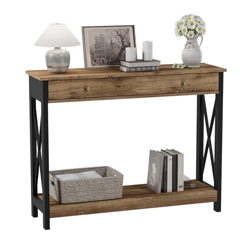 Treocho Console Table with Drawer and Storage Shelves, Foyer Sofa Table Narrow for Entryway, Living Room, Hallway Rustic Oak & Black Treocho