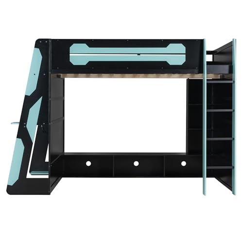 KLMM Modern Full Size Wood Gaming Loft Bed with Desk and Charging Station, Multi-Storage Shelves and LED,for Kids Teens Adults Bedroom Use (Cloud Blue#RGB, Full) KLMM