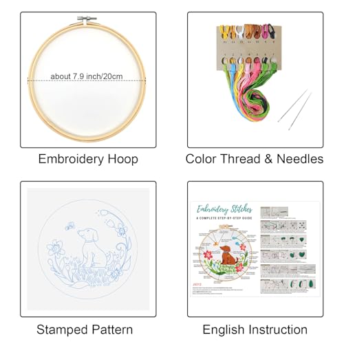 Louise Maelys Dog Embroidery Kits for Beginners with Floral Pattern,Cross Stitch Kit for Adults DIY Needlepoint with Embroidery Instructions