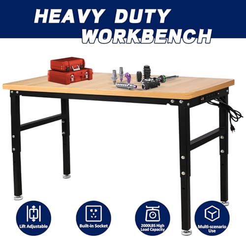 60'' Adjustable Workbench with Power Outlet, 2000 Lbs Capacity Work Benches for Garage, Wood Heavy Duty Work Bench,Shop Table for Shop Office Home Commercial FORJAMINT