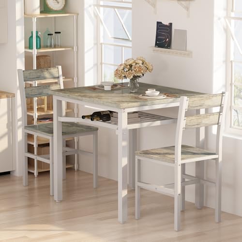Hooseng 3 Piece Dining Table Set for 2, Small Wooden Kitchen Table with Storage, Farmhouse Square Dinette Set for Dining Room, Breakfast Nook, Apartment, Small Space Hooseng