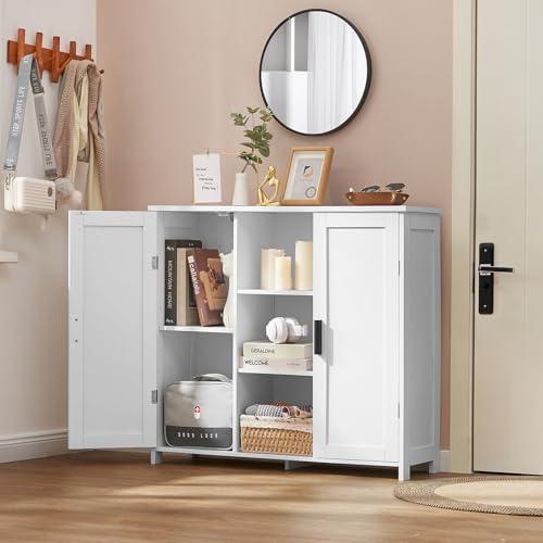 Iwell Storage Cabinet with 2 Doors and 4 Storage Shelves, Credenza Buffet Cabinet, Bathroom Cabinet for Living Room, Entryway, Home Office, White Iwell