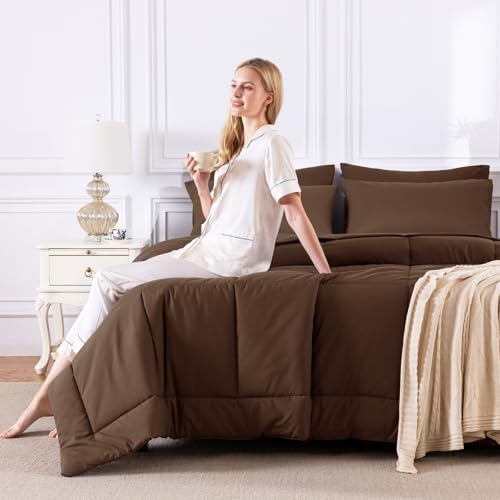 CozyLux Queen Comforter Set Brown, 7 Pieces Bed in a Bag, Brown Comforters Queen Size, All Season Bedding Sets with Stitch Quilted Comforter, Flat Sheet, Fitted Sheet, Pillowcases CozyLux