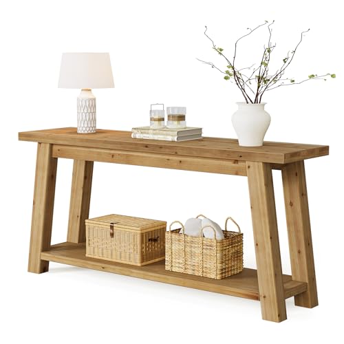 LITTLE TREE 70.9" Solid Wood Console Table for Entryway, 2-Tier Sofa Table Behind Couch, Farmhouse Entryway Table for Living Room, Bedroom, Foyer LITTLE TREE
