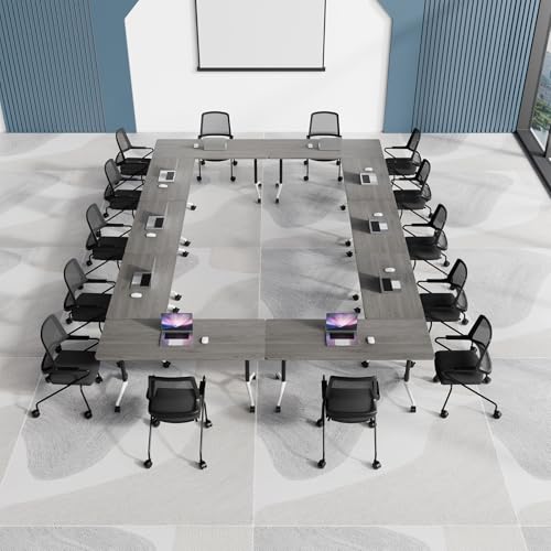 Modular Conference Table 4PCS, Folding Conference Room Tables on Wheels Grey 63in, Modern Rectangular Training Table for Office Meeting, Rolling Seminar Tables for 4-12 JNMDLAKO