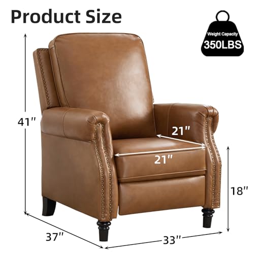 CANMOV Push Back Recliner Chair, Genuine Leather Pushback Reclining Chair with Padded Seat, Wingback Recliner with Rivet Decoration Single Sofa Recliner for Living Room Apartment, Brown