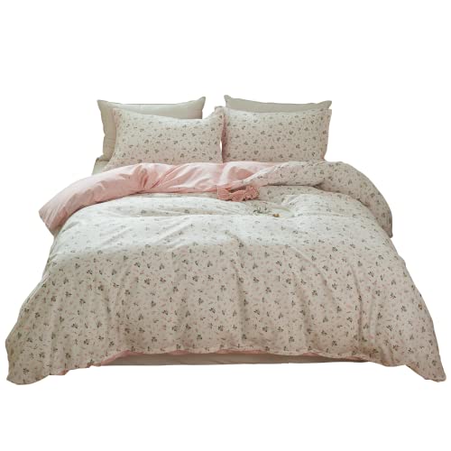 LifeTB Cotton Floral Duvet Cover Queen Girl Pink Flower Bedding Sets Garden Style Cotton Floral Comforter Cover Pink White Floral Bedding Sets Flower Branches Pattern Duvet Cover with Zipper Closure LifeTB