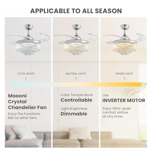 Moooni Dimmable Fandelier Crystal Ceiling Fans with Lights and Remote Modern Invisible Retractable Chandelier Fan LED Ceiling Fan Light Kit -Polished Chrome 36 Inches Moooni