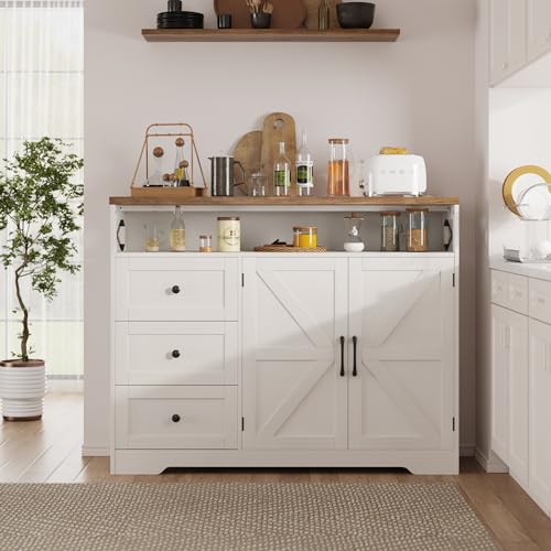 47" Antique White Storage Cabinet with Doors & Drawers, Farmhouse Sideboard Buffet Cabinet with Storage, Kitchen Pantry Hutch Cabinet, Coffee Bar Station Table for Kitchen, Livingroom, Dining Room FiveWillowise