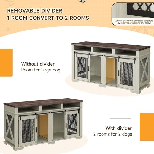 71" Dog Crate Furniture for 2 Dogs, Dog Kennel with 3 Storage Drawers & Removable Divider, Extra Large Double Dog Cage As TV Stand, Furniture Style Dog Crates with Sliding Barn Door STMHOM