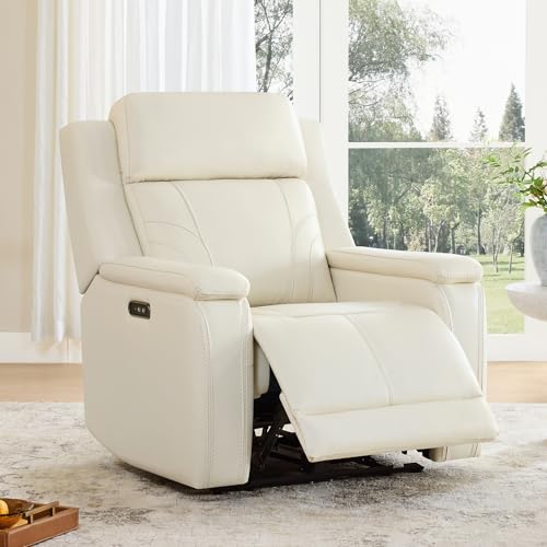 Watson & Whitely Genuine Leather Electric Recliner Chairs for Adults, Lay Flat Recliner with Power Headrest & Chargers for Living Room, Cream