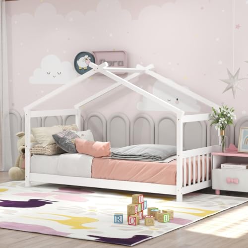 KOMFOTT Low Profile Twin House Bed Frame for Kids - Safe and Creative Wood Floor Bed with Roof and Headboard in White KOMFOTT