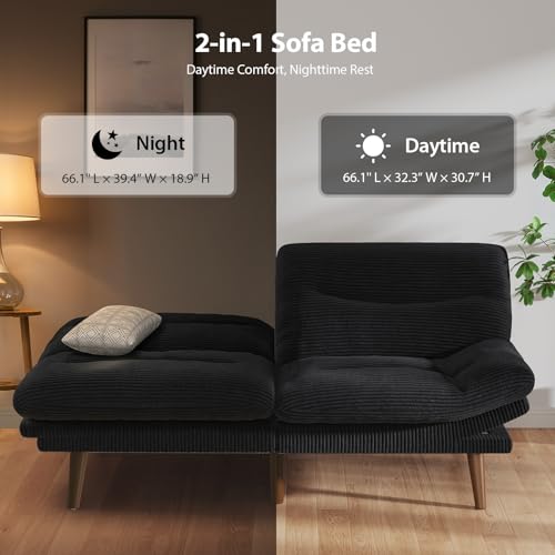 Pipishell Futon Sofa Bed, Modern 66" Futon Couch Convertible to Bed & Lounger, Compact Size, Corduroy Loveseat, Durable Construction - Fits Small Spaces, Apartments,Study Room(Ink Black, 66 Inch) Pipishell