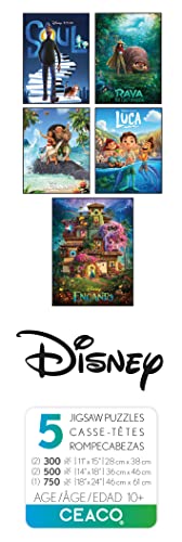 Ceaco - 5 in 1 Multipack – Disney Movie Posters – Encanto, Moana, Luca, Soul & Raya and The Last Dragon - (2) 300 Piece, (2) 500 Piece, (1) 750 Piece Jigsaw Puzzles Ceaco