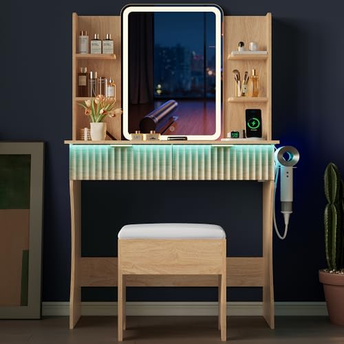 Vanity Desk with LED Lights Mirror & Power Outlet, Small Makeup Vanity Table Set with Storage Drawers & Chair, 3 Lighting Modes & Adjustable Brightness, Dressing Table for Women Girls Bedroom, Oak Xixini