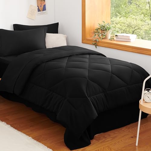 CozyLux Twin Comforter Set with Sheets Black - 5 Pieces Bed in a Bag Twin, All Season Bed Set for Girls and Boys, Bedding Set with Down Alternative Comforter, Sheets, Pillowcase & Sham CozyLux