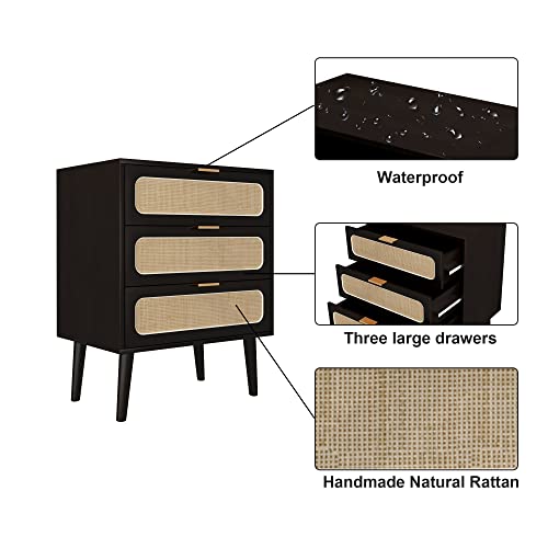 QHITTY Drawer Dresser Set of 2, Rattan Chest of Drawers with 3 Drawers Dresser, Accent Storage Cabinet Modern Bedside Table for Living Room, Bedroom, Entryway (Black) QHITTY