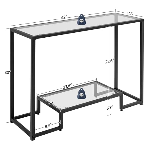 Yaheetech 42 Inch Console Table, Tempered Glass Entryway Table, 2-Tier Sofa Tables with Storage Shelves, Entrance Tables for Hallway Living Room, Black Yaheetech