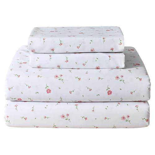 Softan Pink Floral Twin Size Sheet Set, 3 Pieces Single Bed Sheets for Girls, Cozy Microfiber Fitted Sheet with 15" Deep Pockets & Non-Slip Straps, Pink Flower Sheets & Pillowcase Set Softan