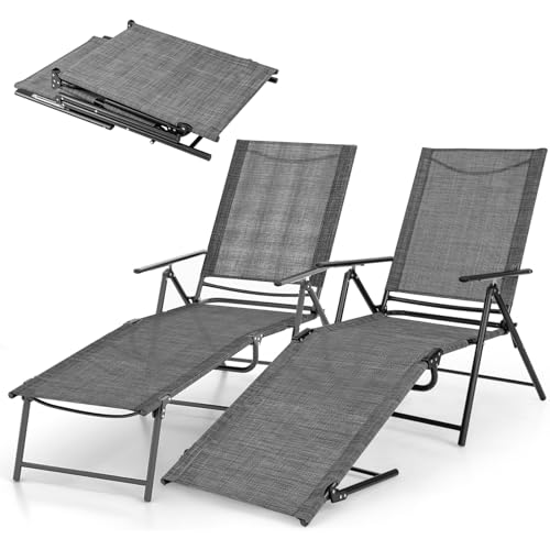 Giantex Lounge Chair Outdoor Set of 2 - Tanning Chair with 6 Adjustable Backrest, 2-Level Footrest, Folding Sunbathing Lounger for Patio, Poolside, Yard, Chaise Lounge Chair, Beach Chair (Grey)