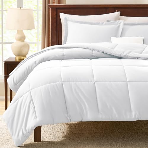CozyLux Queen Size Comforter Sets White - 3 Pieces Box Stitched Queen Bed Set for All Seasons, Soft Lightweight Bedding Sets with 1 Down Alternative Comforter and 2 Pillow Shams CozyLux