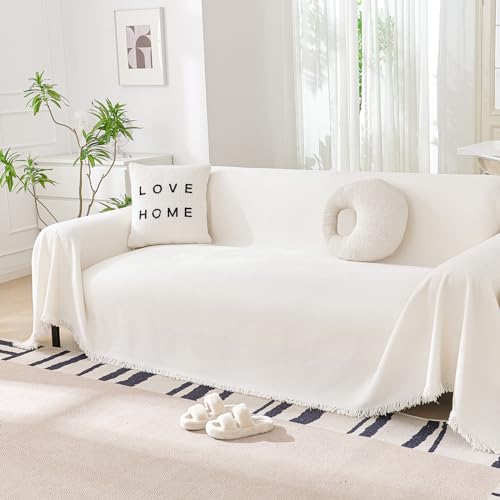 DreDecor White Couch Cover for Dogs Washable,Sofa Covers Washable,Chenille Loveseat Covers, Sofa Covers for 2 Cushion Couch,Soft Sofa Slipcovers and Furniture Covers for Sofa and Loveseat,71" X 118" DreDecor