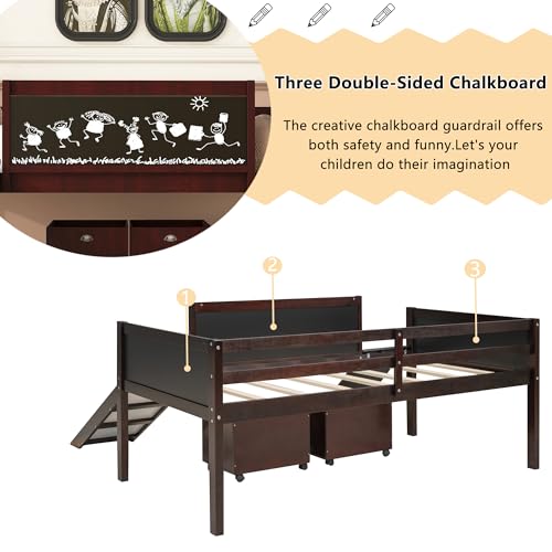 Twin Size Low Loft Bed with Slide and 2 Storage Boxes,Kids Low Loft Bed Frame with Climbing and Chalkboard,Solid Loft Bed Twin for Boys,Girls,Espresso Bellemave