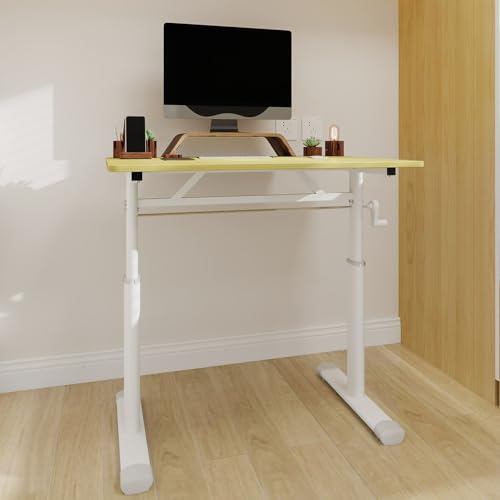 FRITHJILL Manual Height Adjustable Desk with Crank Handle, 23.62" to 35.43" Standing Desk with Round Corners, Wooden Desktop for Home Office Study Workspace Computer Table FRITHJILL
