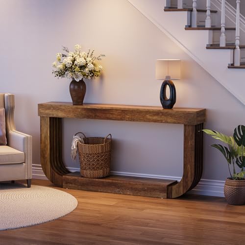 LITTLE TREE 70.9-Inch Extra Long Narrow Console Table, 2-Tier Brown Wooden Sofa Table for Living Room, Large Hallway Foyer Table with Heavy Duty U-Shaped Pedestal LITTLE TREE
