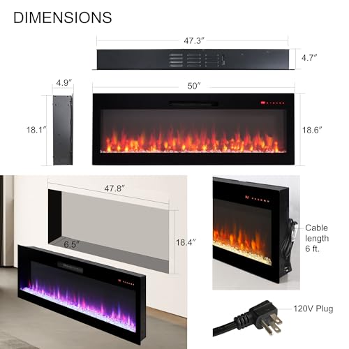 Innoflame 50" Smart Electric Fireplace, Alexa/WiFi Enabled, 16-Color 3D Multi-Row Flame, 1400W Fireplace Insert, Wall Fireplace Electric with Remote Control & App, Thermostat, 9H Timer Innoflame