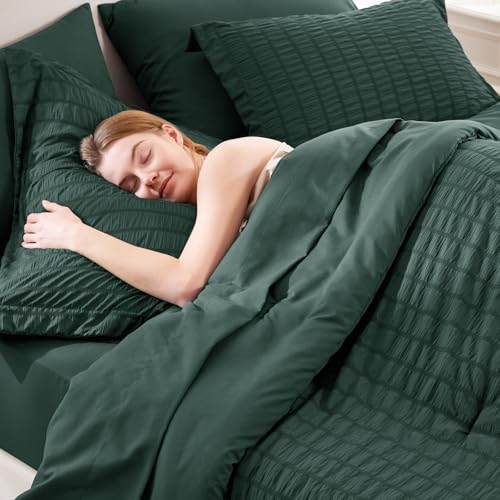 CozyLux Full Size Comforter Sets with Sheets Seersucker 7 Pieces Forest Green Bed in a Bag Textured Luxury Soft Bedding Set with Down Alternative Comforter, Sheets, Pillowcases & Shams for All Seasons CozyLux