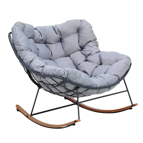 Grand patio Rocking Chair Outdoor, E-Coated Papasan Rocking Chair with Cushion, Outdoor Rocker Recliner Chair for Patio Porch Garden Backyard, Grey Grand patio