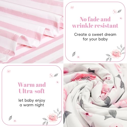 PHF 4 Piece Toddler Bedding Set, Ultra Soft Toddler Comforter Sets Include Comforter, Fitted Sheet, Flat Top Sheet and Pillowcase for Girls, Floral Bed in A Bag for Baby Bedroom, Floral PHF
