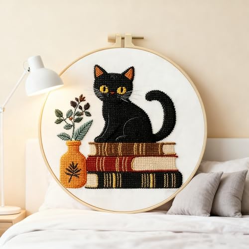 LSLFQYQSK Beginners Embroidery Kits - Cute Kitten DIY Cross Stitch Kits,Including,Stamped Flower Patterns,Hoop,Color Threads,Tools (Style C)